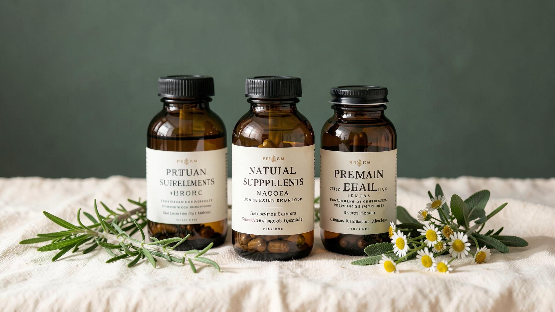 Plante medicinale și suplimente naturiste așezate pe o masă de lemn